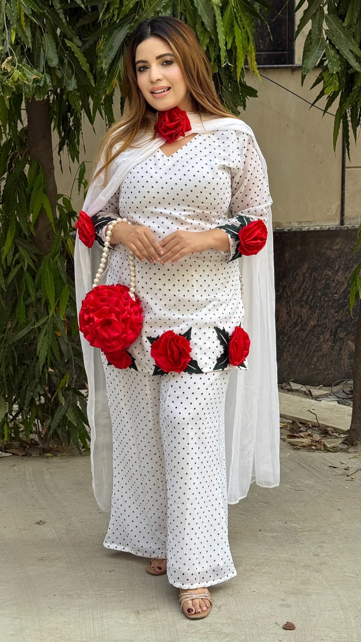 Shivani Georgette Suit Set- White, Brown