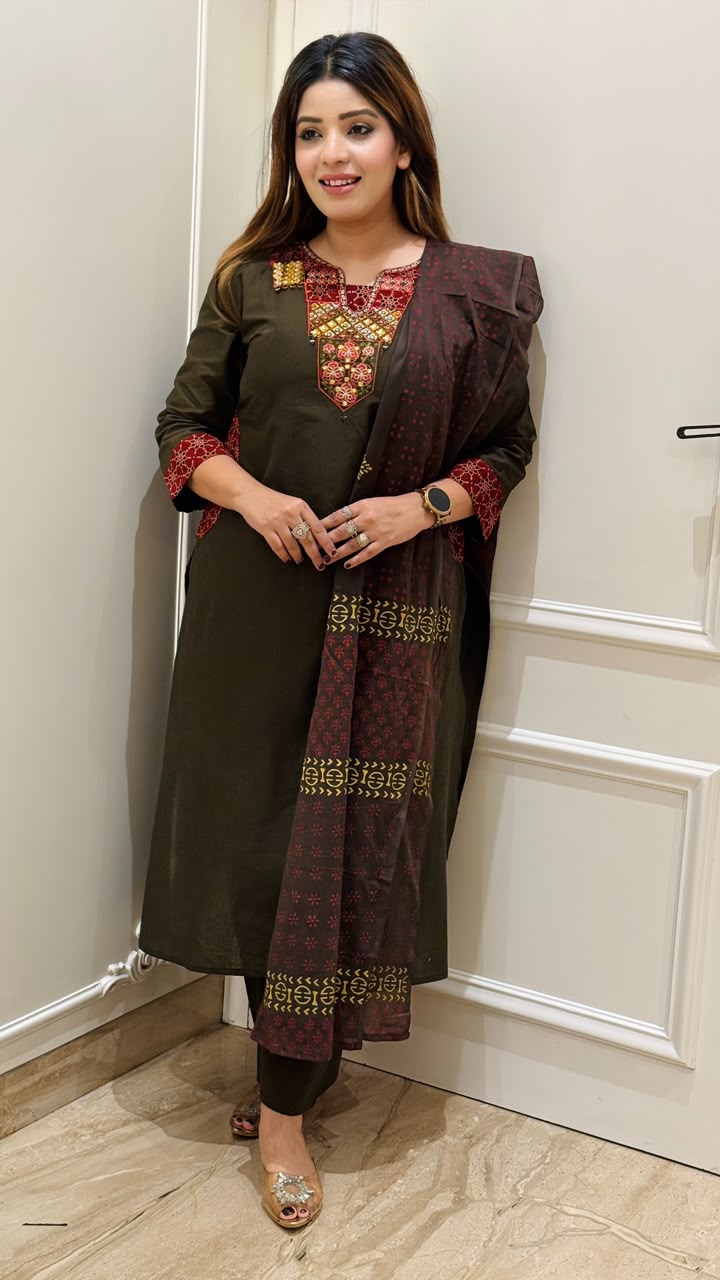 Manika Cotton Suit Set- Black, Mustard, Green