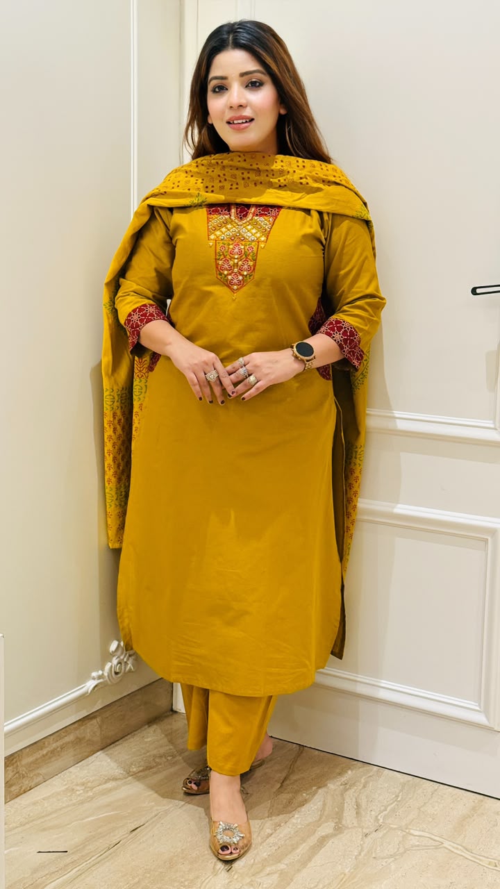 Manika Cotton Suit Set- Black, Mustard, Green