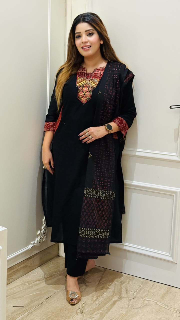 Manika Cotton Suit Set- Black, Mustard, Green