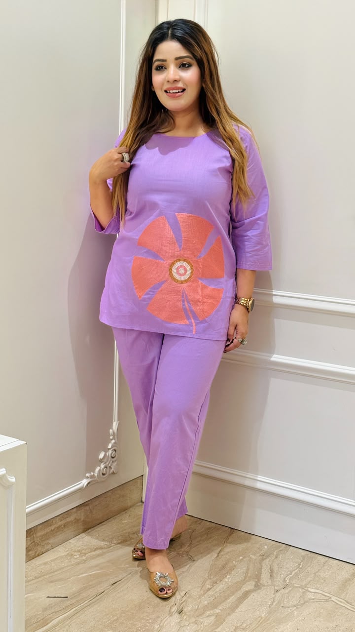 Pallavi Cotton Cordset- Lavender, Beige