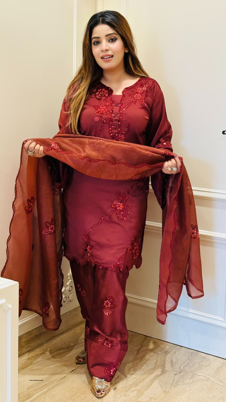 Parnika Crepe Farshi Salwar Set- Maroon