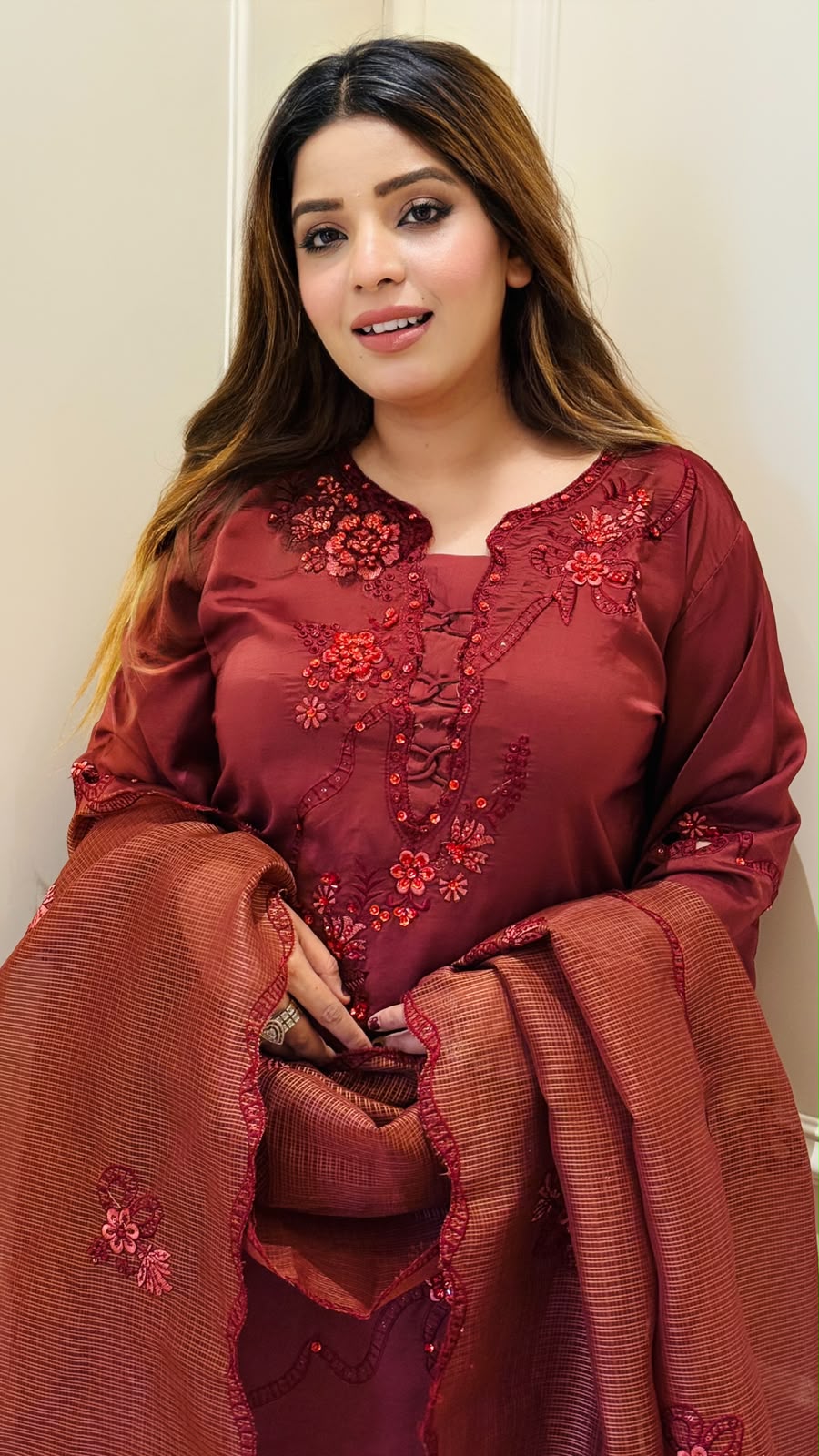 Parnika Crepe Farshi Salwar Set- Maroon