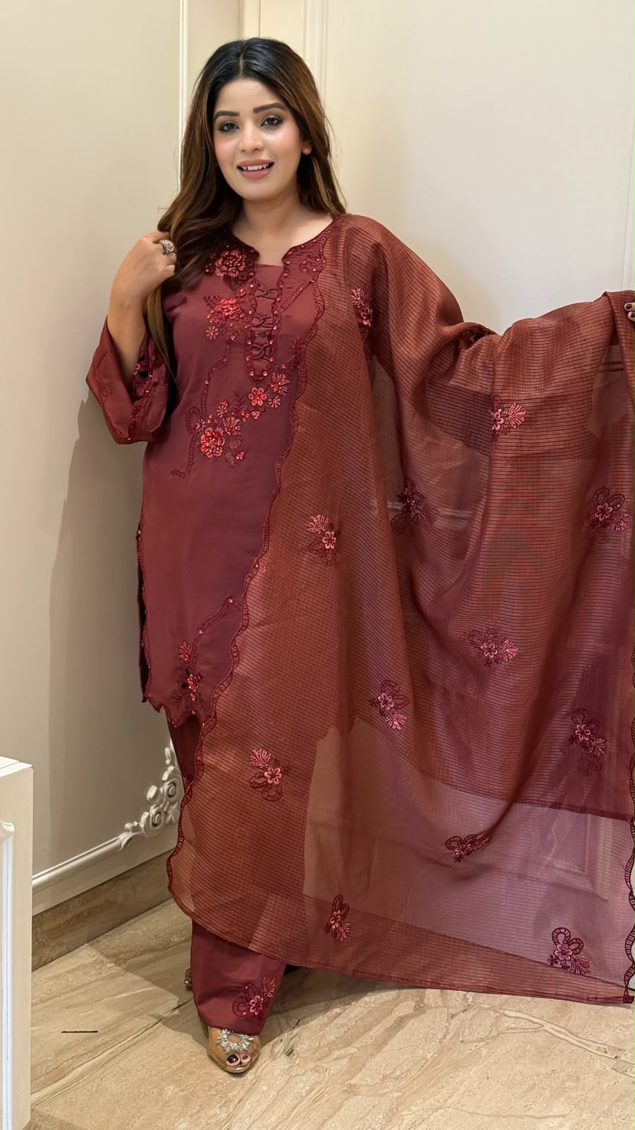 Parnika Crepe Farshi Salwar Set- Maroon