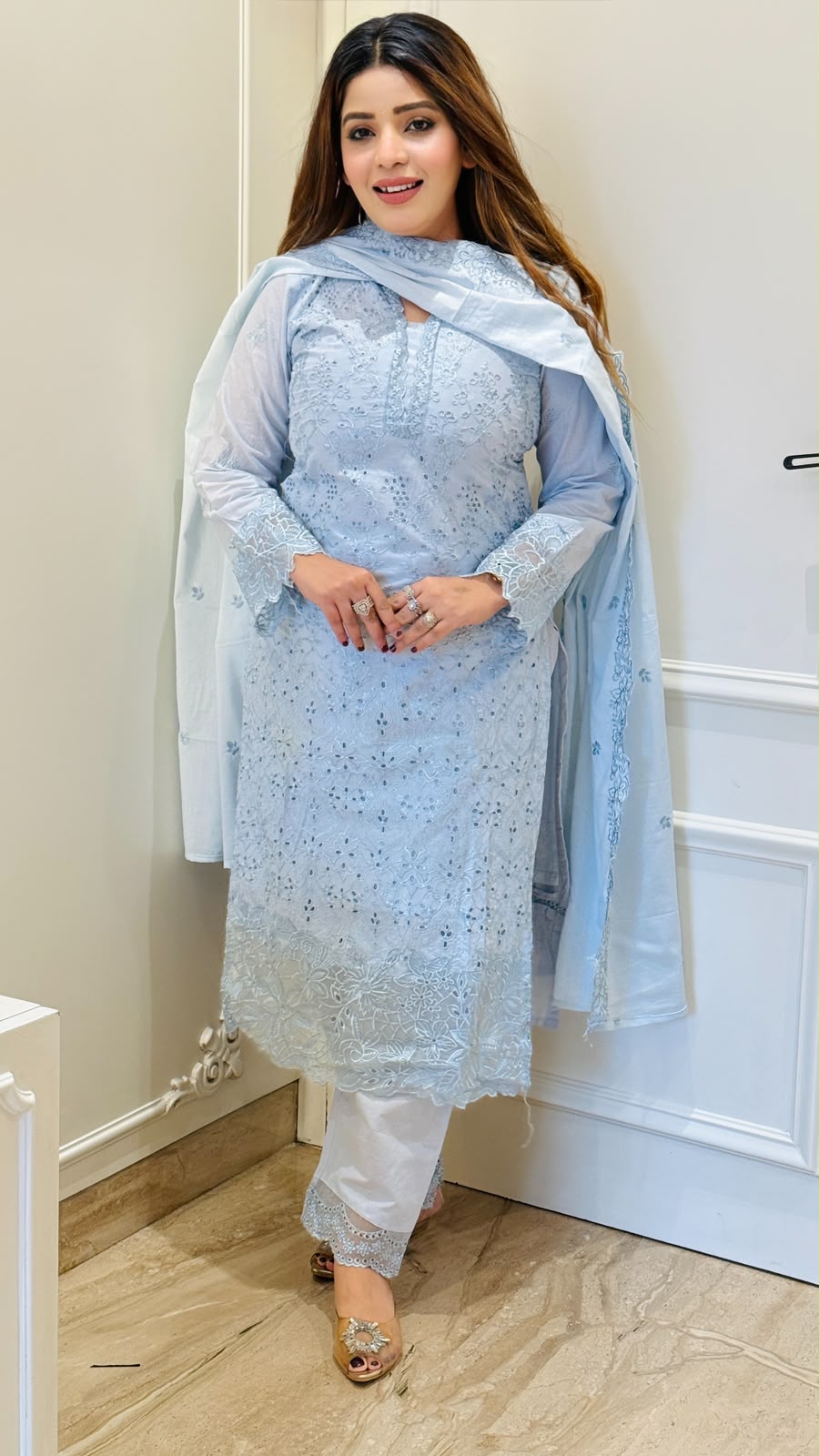 Laksh Cotton Schiffli Suit Set- White, Blue