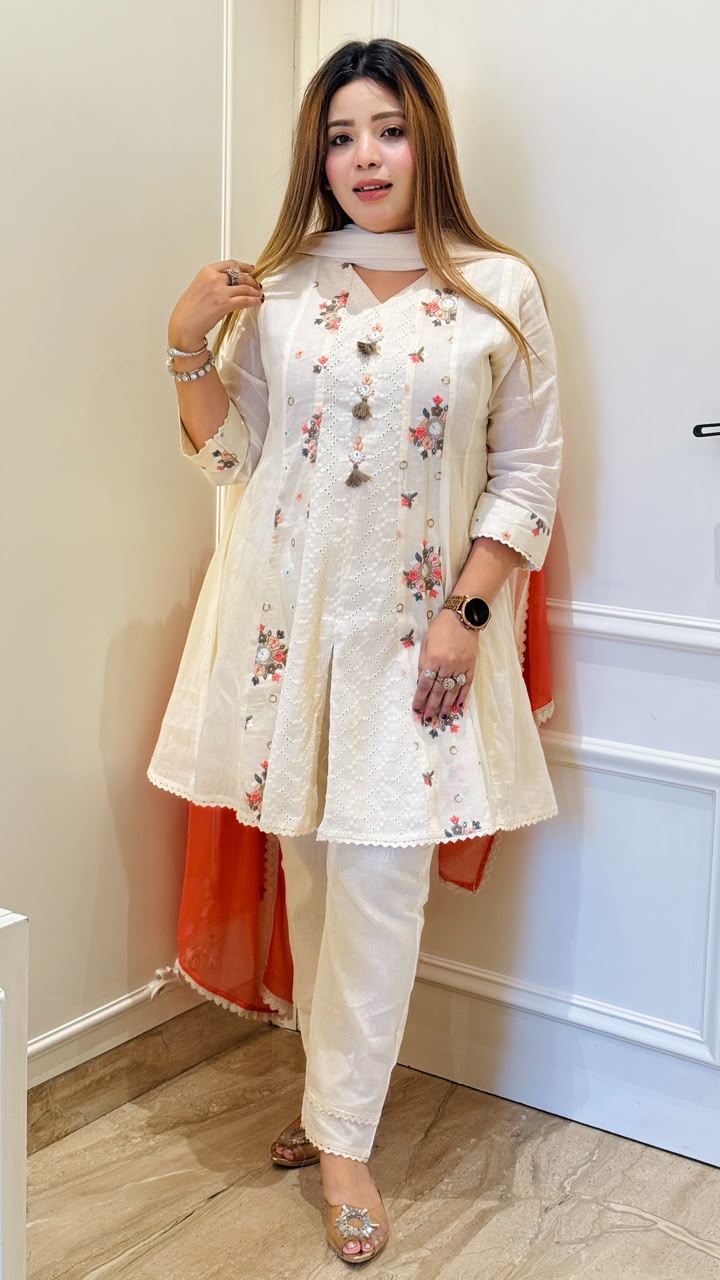 Nazzi Cotton Anarkali Suit Set- Orange