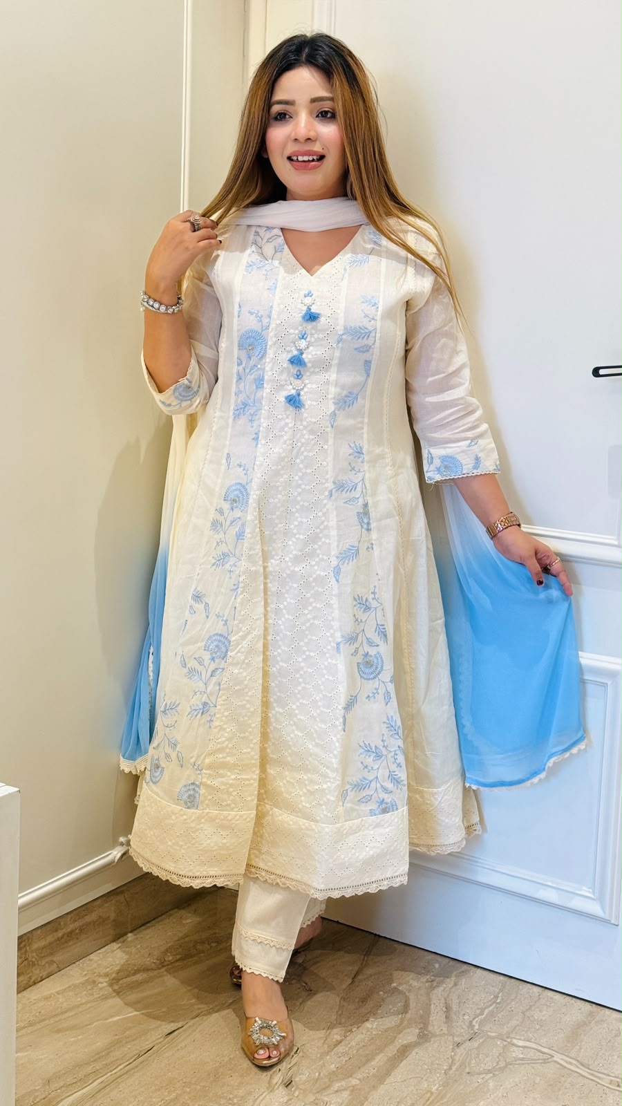 Shivi Anarkali Suit Set- Blue, Orange