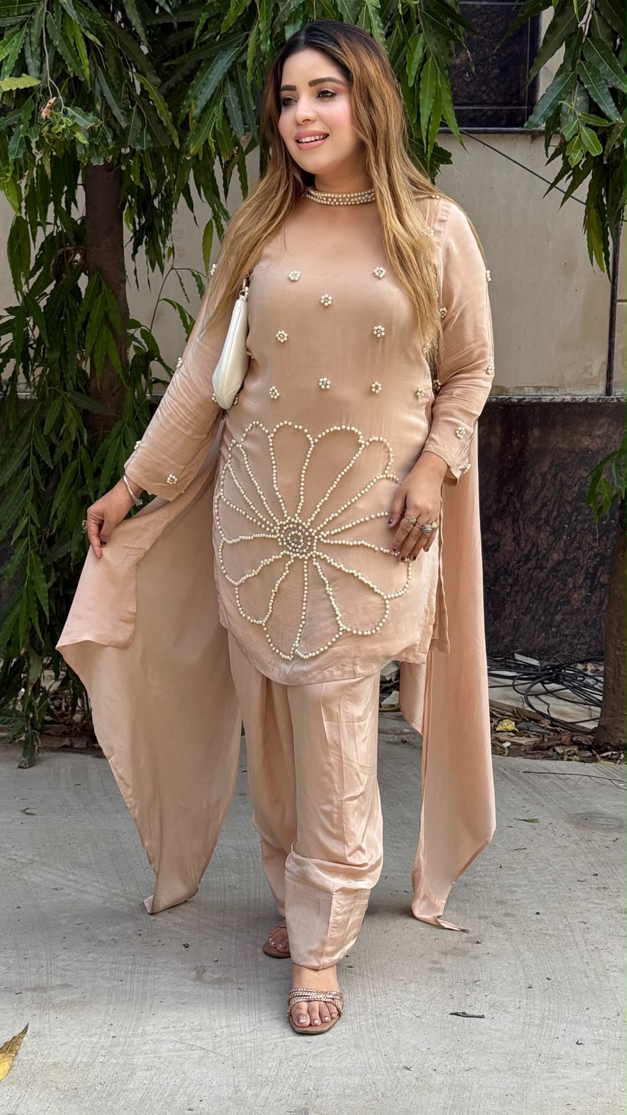 Shrishti Crepe Farshi Salwar Suit Set- Beige