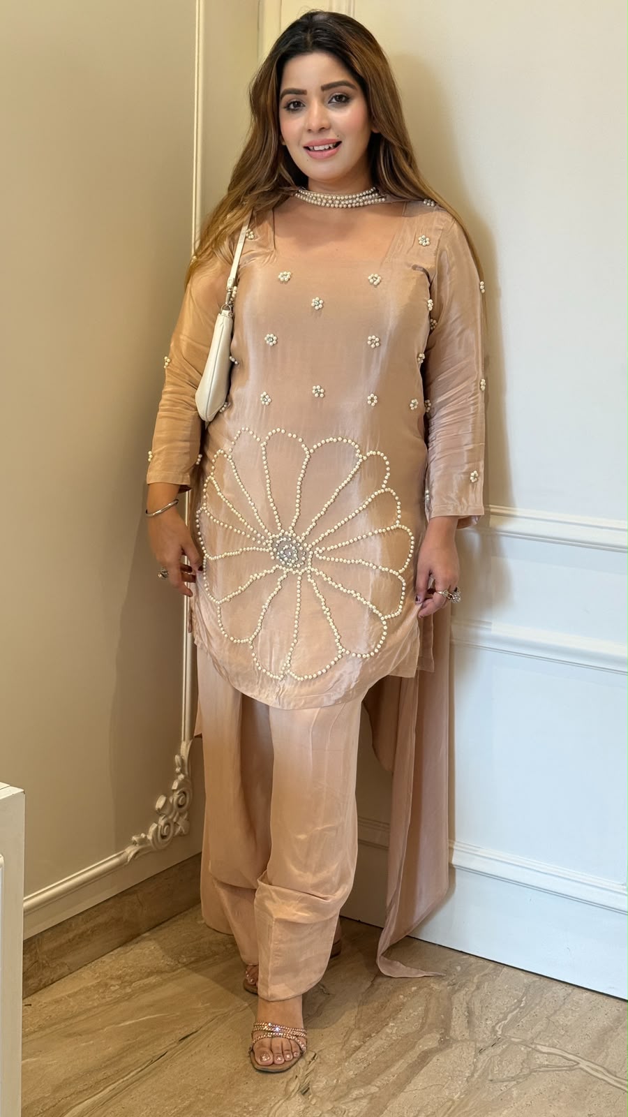 Shrishti Crepe Farshi Salwar Suit Set- Beige