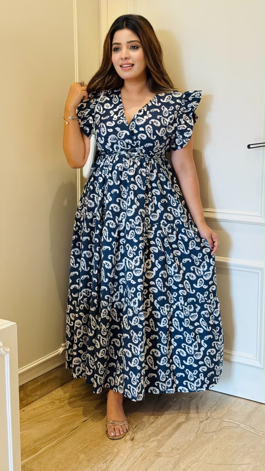 Aparna Cotton Printed Dress- Navy