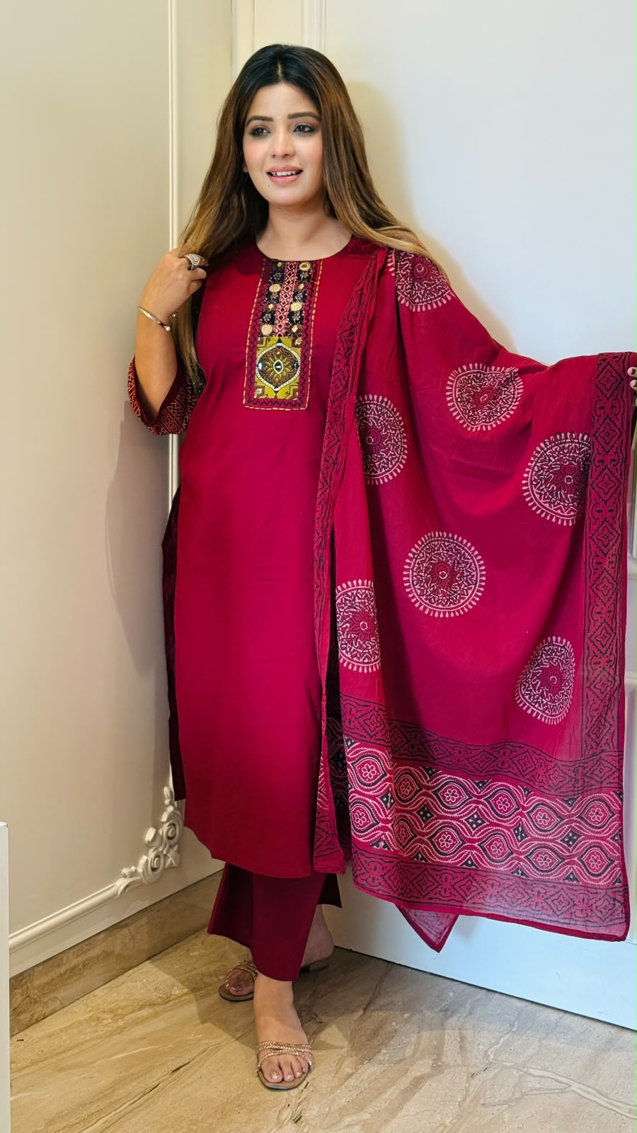 Rashmi Cotton Suit Set- Magenta, Green, Orange