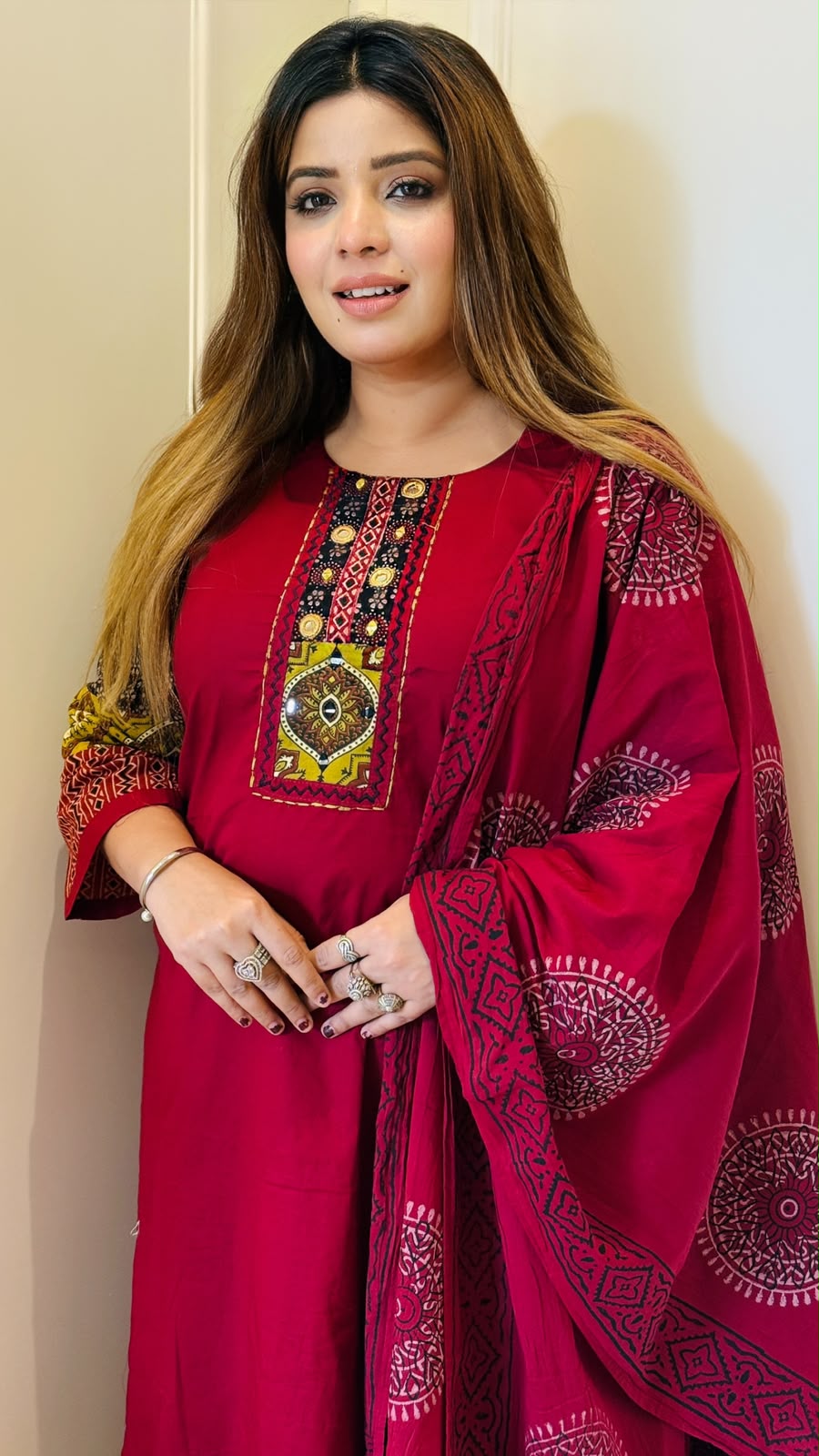 Rashmi Cotton Suit Set- Magenta, Green, Orange