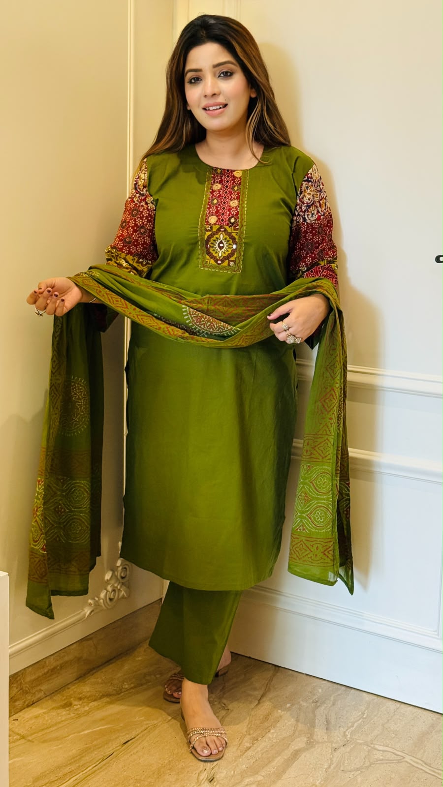 Rashmi Cotton Suit Set- Magenta, Green, Orange