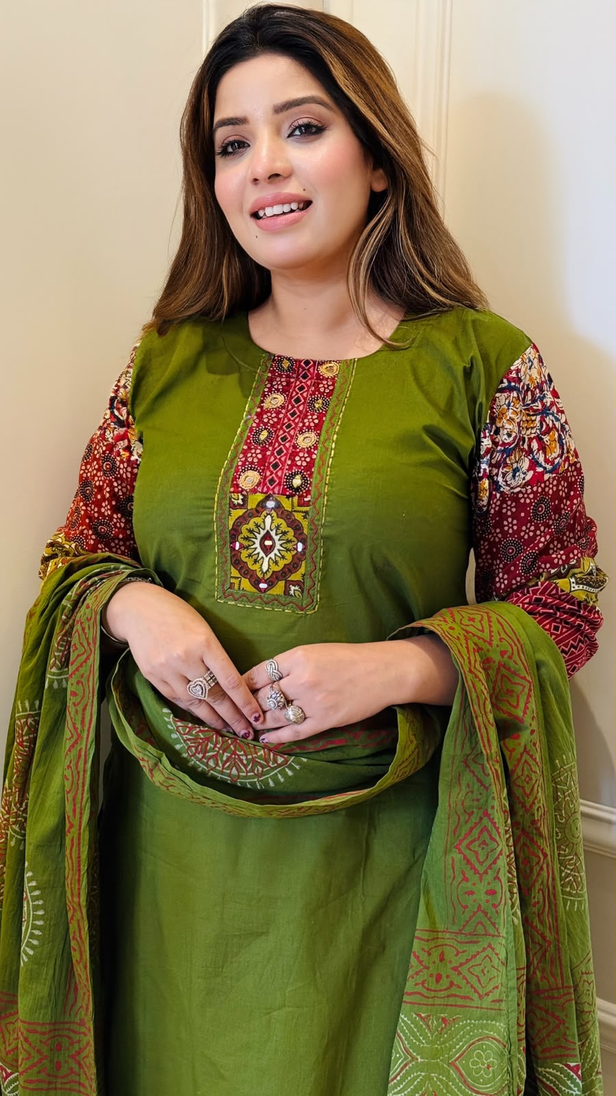 Rashmi Cotton Suit Set- Magenta, Green, Orange