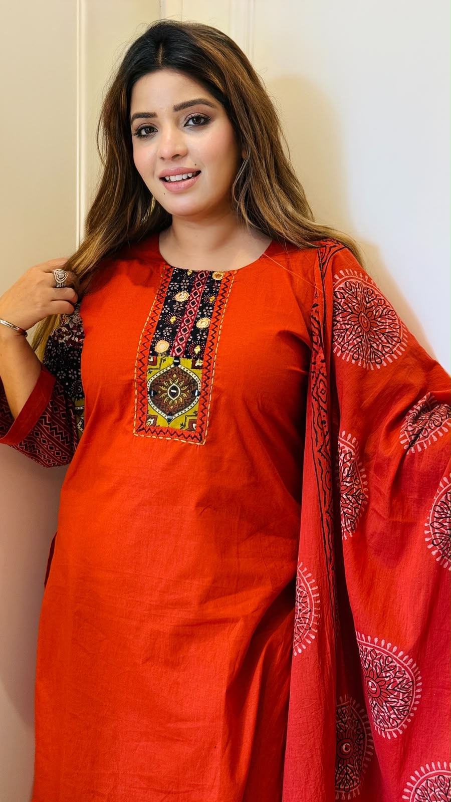 Rashmi Cotton Suit Set- Magenta, Green, Orange