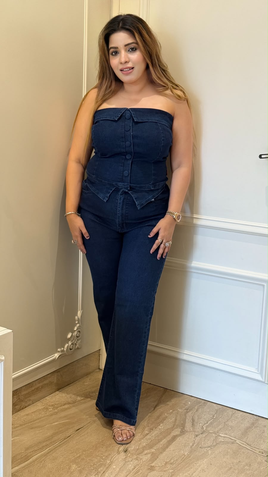 Muskan Off-Shoulder Denim Cordset- Navy, Blue
