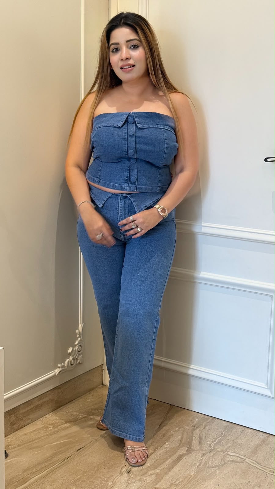 Muskan Off-Shoulder Denim Cordset- Navy, Blue