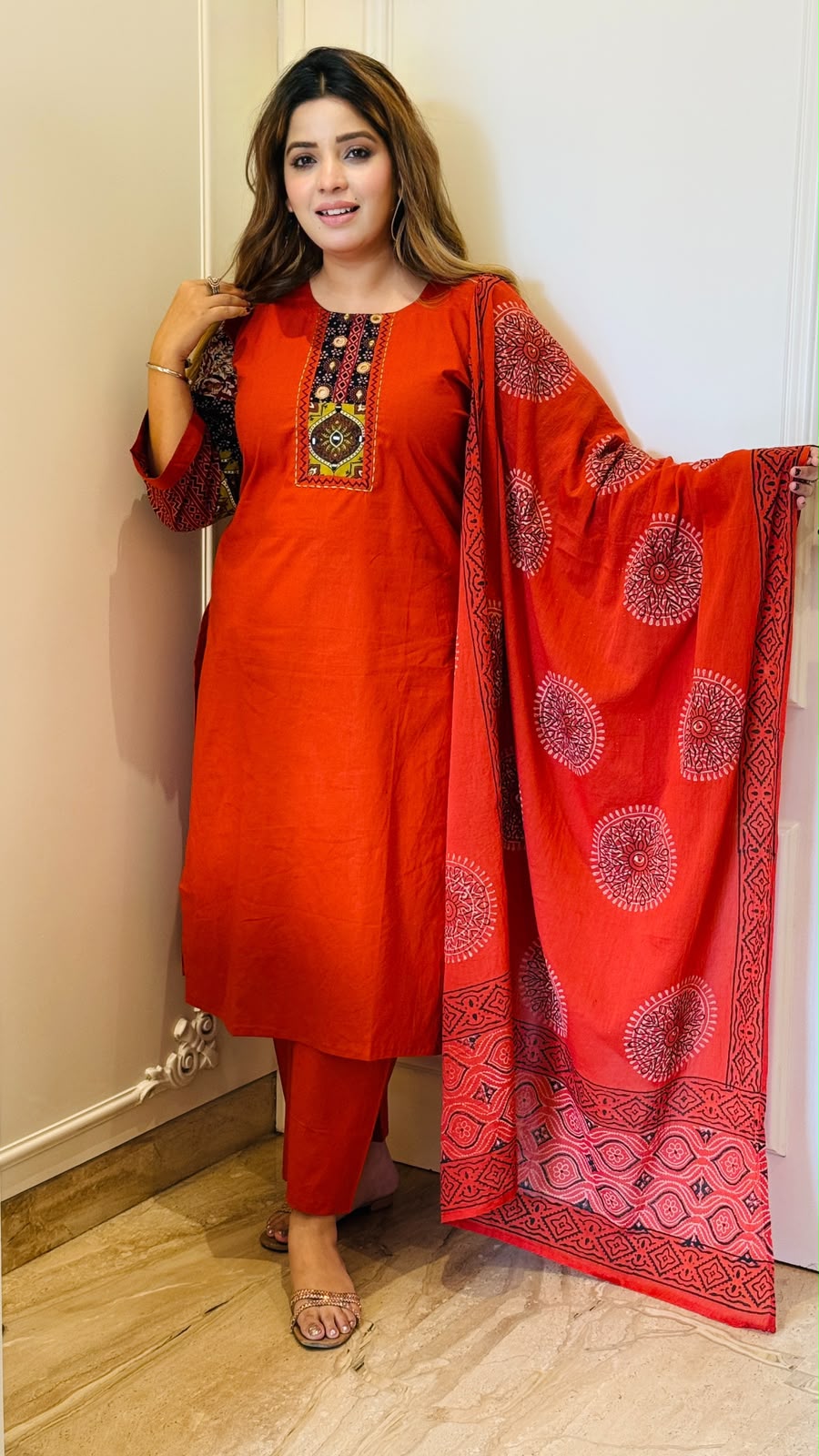 Himanshi Cotton Suit Set- Orange, Green