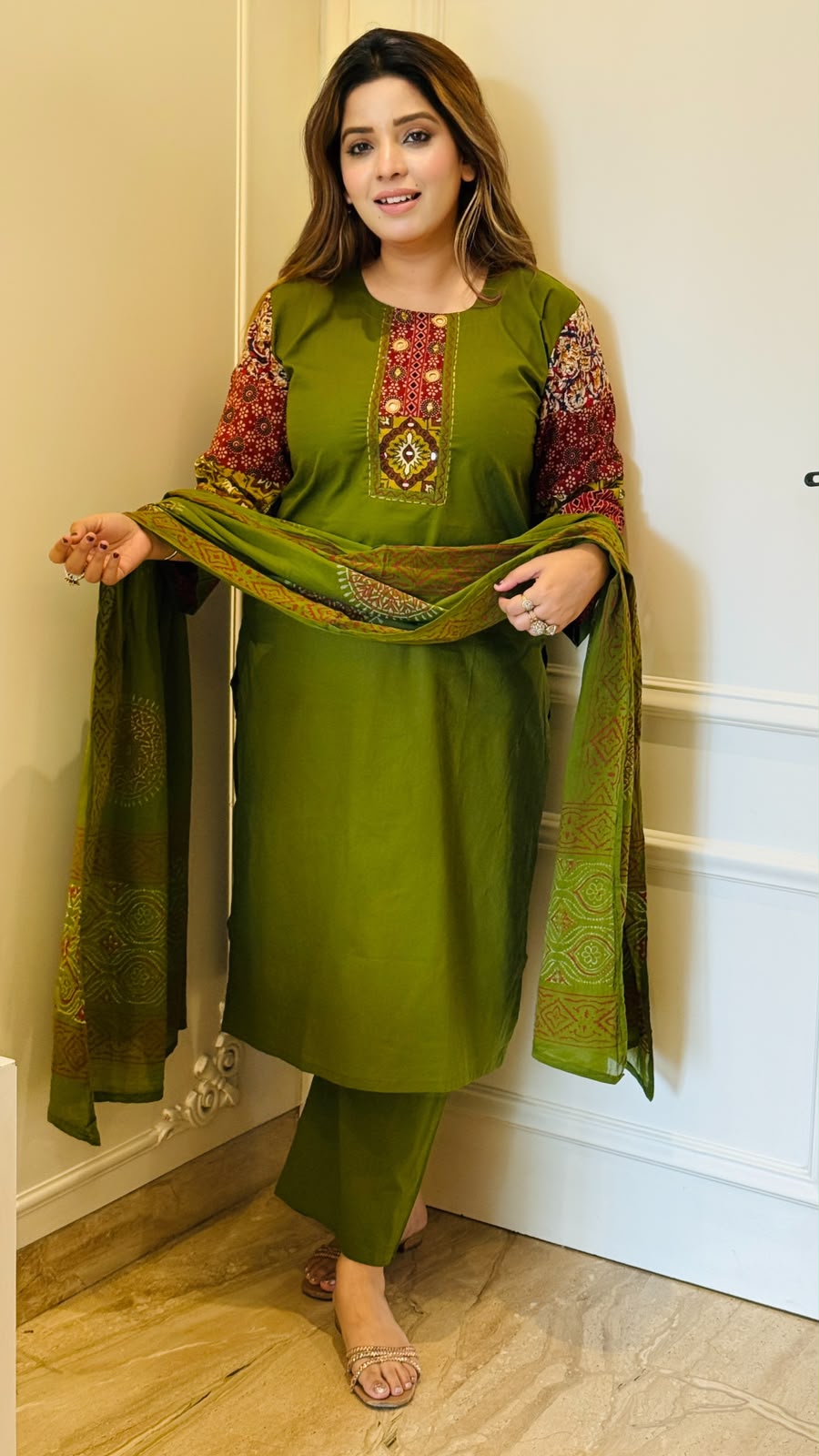 Himanshi Cotton Suit Set- Orange, Green