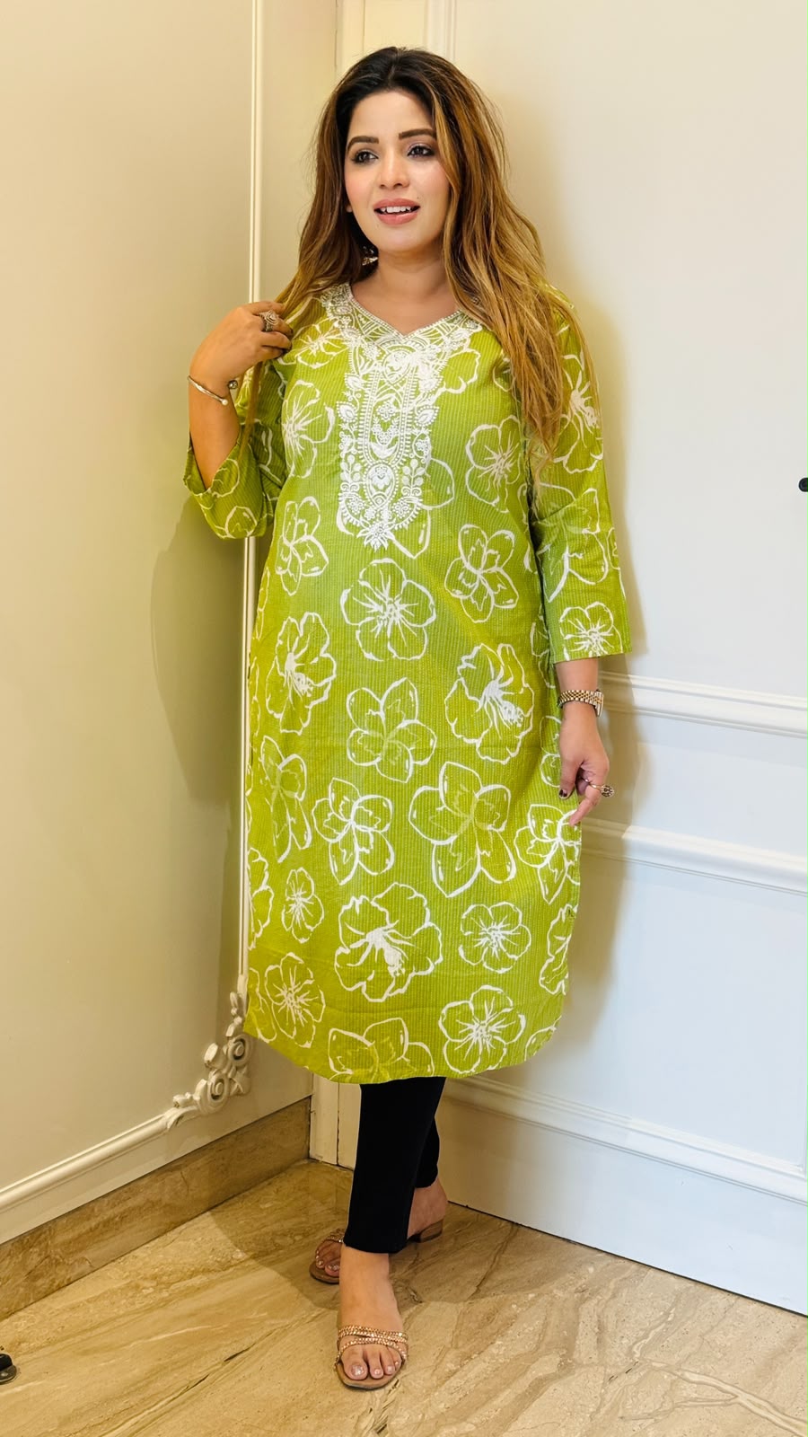 Karina Cotton Katha Kurta- Green