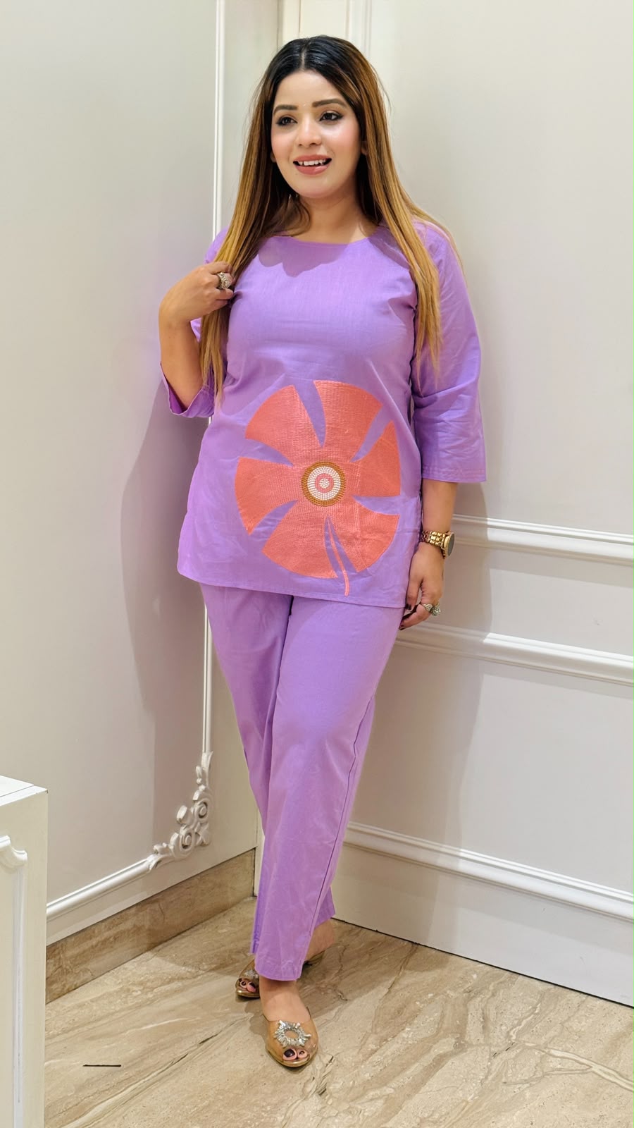 Shobha Cotton Cordset- Beige, Purple