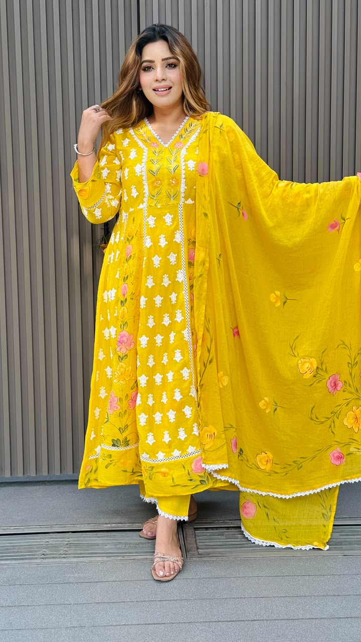 Alaya Cotton Anarkali Suit Set- Yellow, Pink
