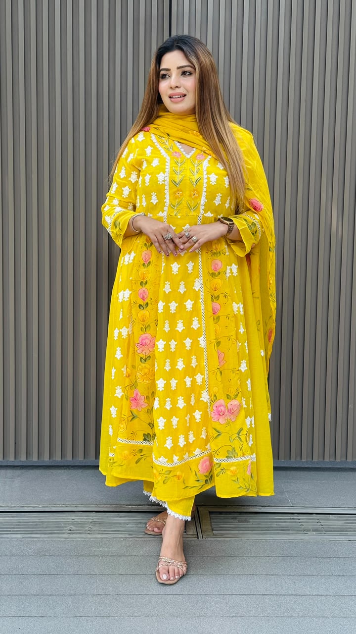 Alaya Cotton Anarkali Suit Set- Yellow, Pink
