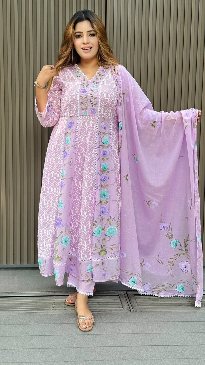 Alaya Cotton Anarkali Suit Set- Yellow, Pink