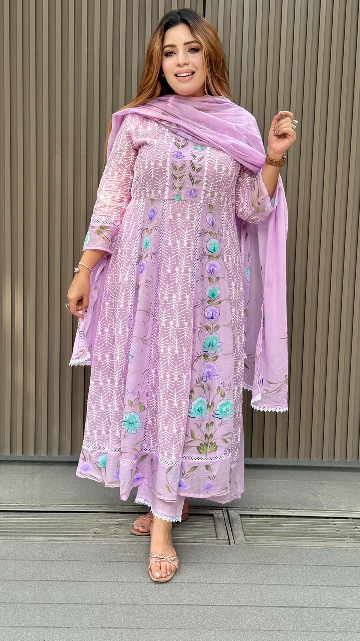 Alaya Cotton Anarkali Suit Set- Yellow, Pink