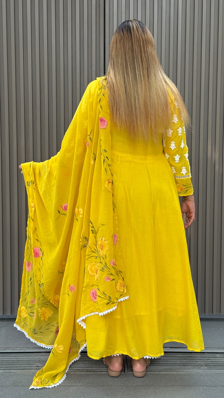 Alaya Cotton Anarkali Suit Set- Yellow, Pink