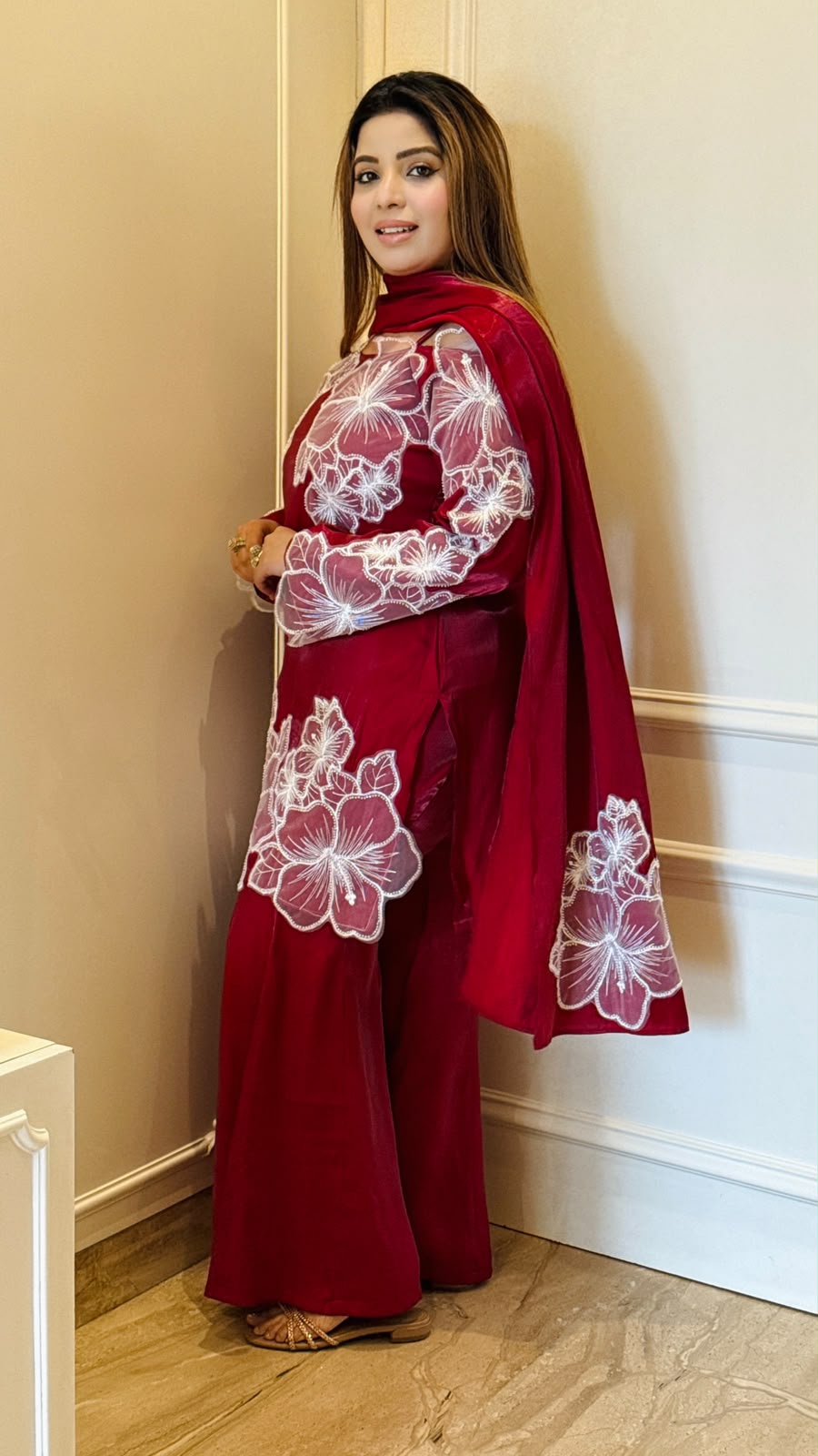 Miraya Silk Bell Bottom Suit Set- Maroon