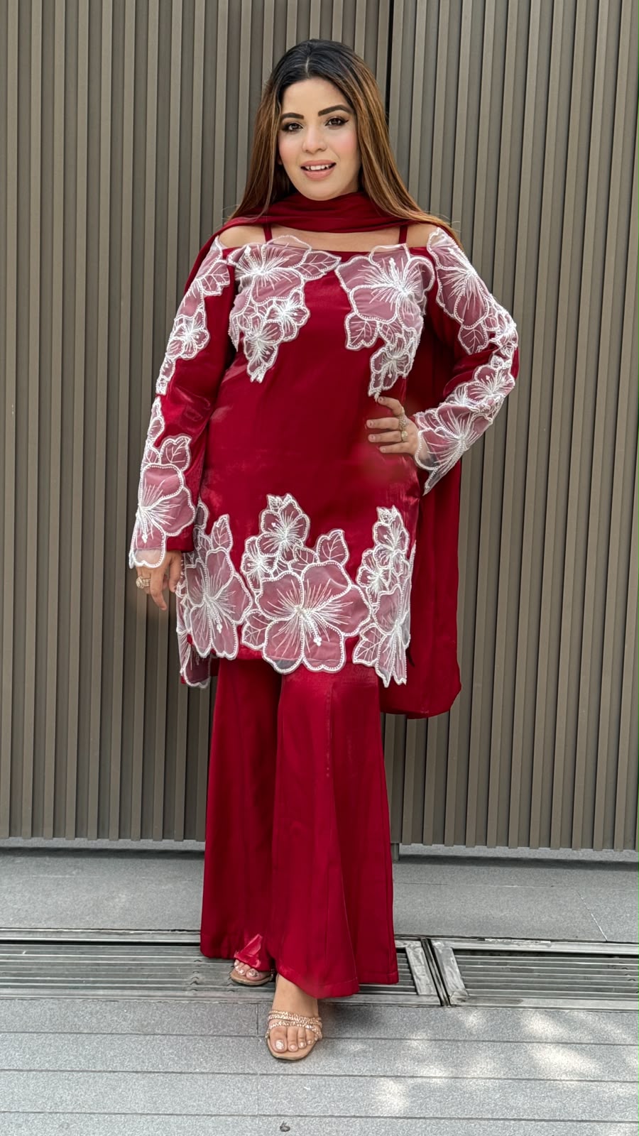 Miraya Silk Bell Bottom Suit Set- Maroon