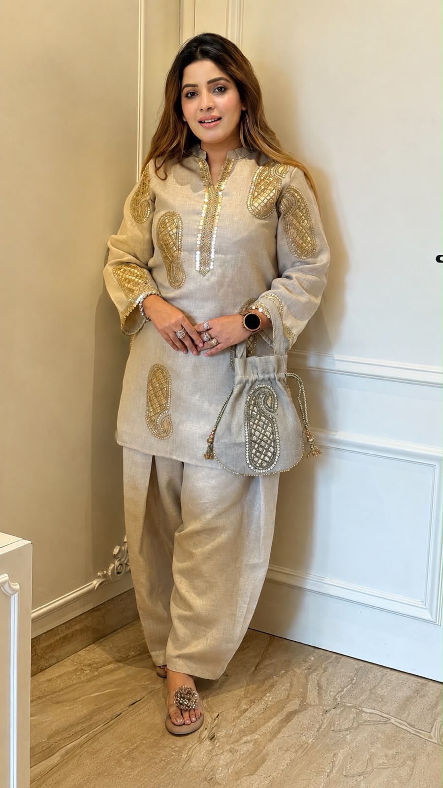 Kiyara Cotton Farshi Salwar Suit Set- Beige, Pink