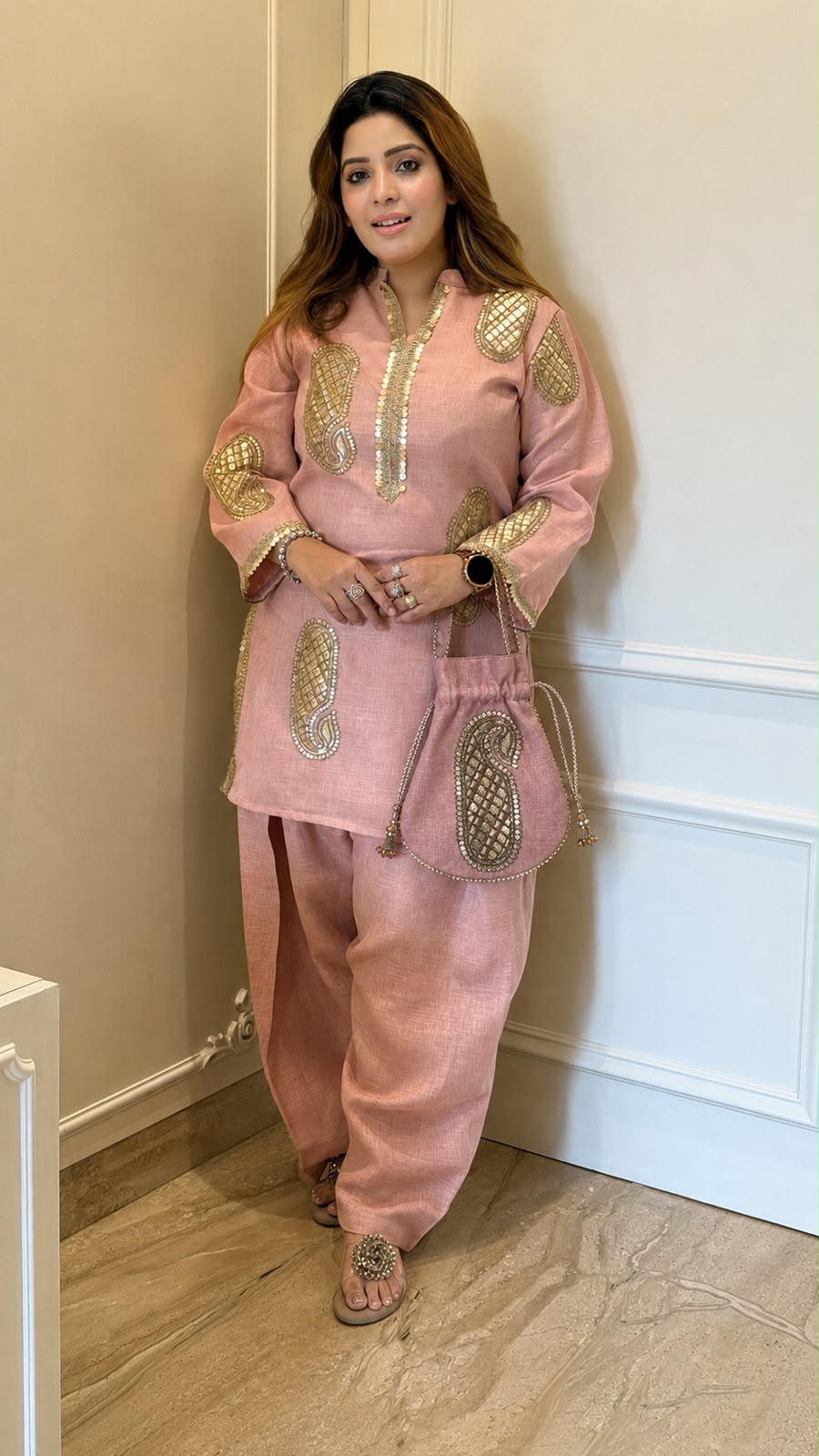 Kiyara Cotton Farshi Salwar Suit Set- Beige, Pink