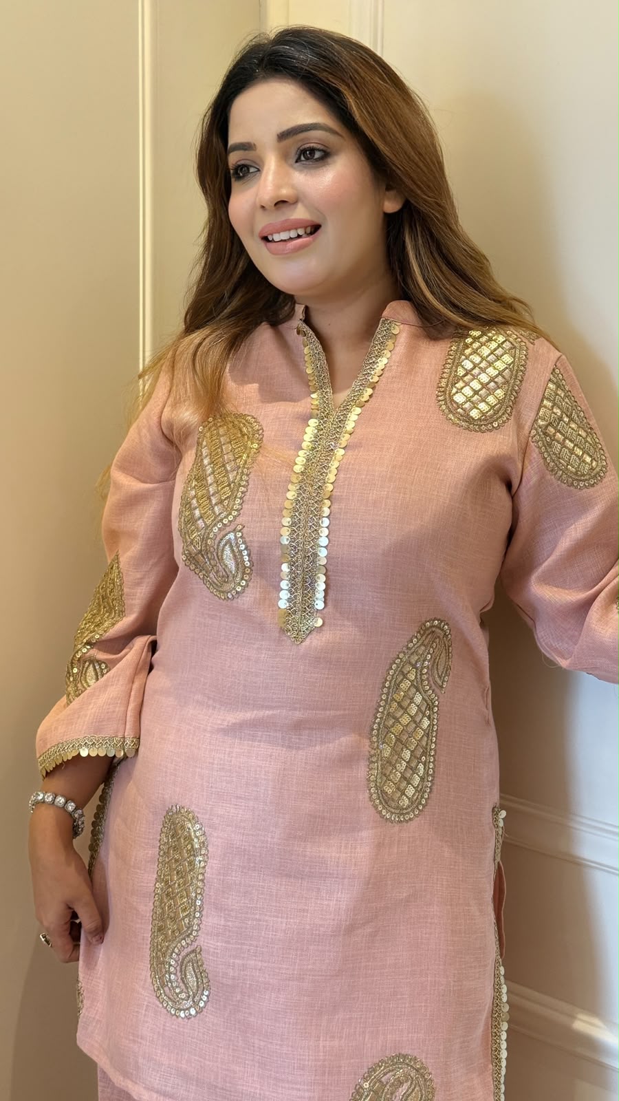 Kiyara Cotton Farshi Salwar Suit Set- Beige, Pink