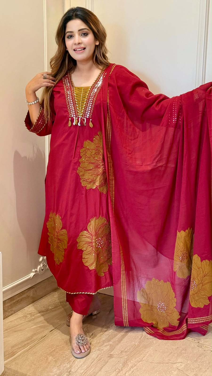 Viyara Cotton A-Line Suit Set- Pink, Mustard, Blue