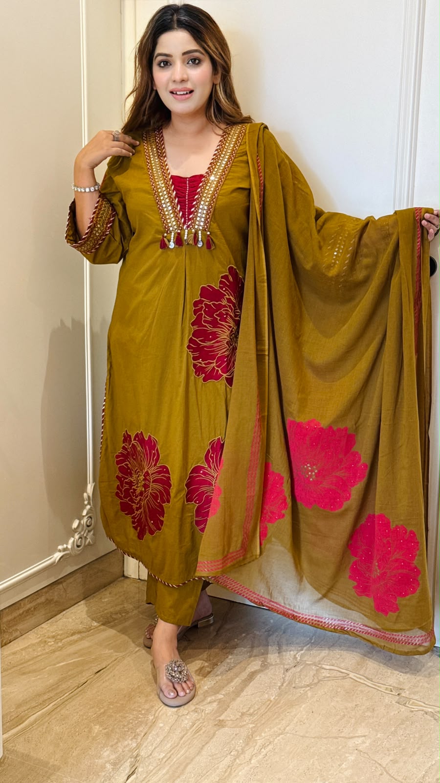 Viyara Cotton A-Line Suit Set- Pink, Mustard, Blue