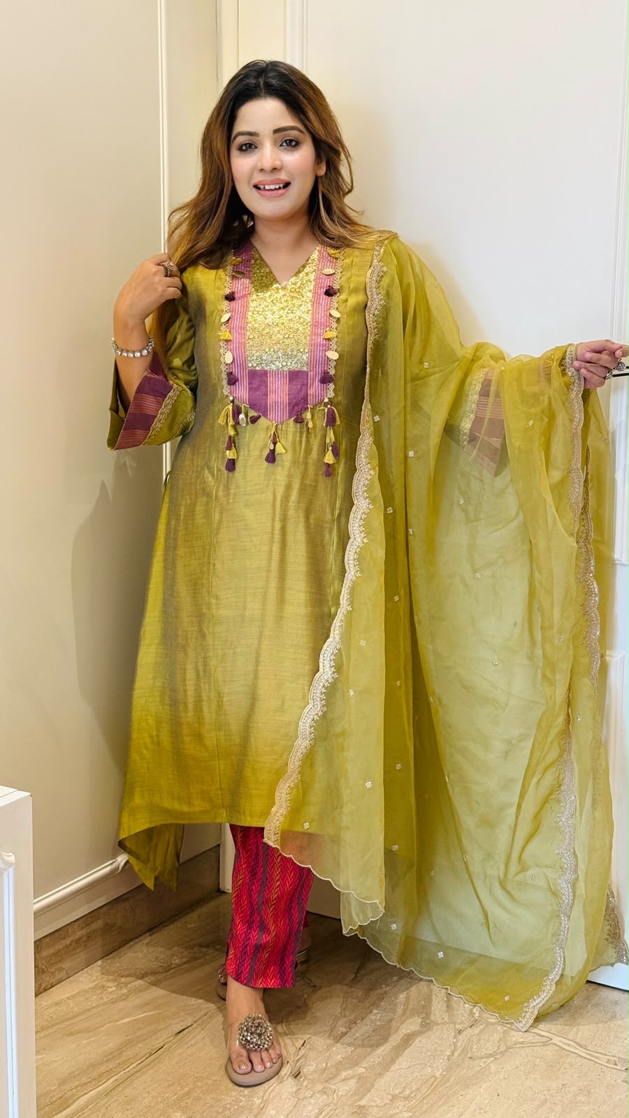 Elaira Cotton Silk A-Line Suit Set- Green