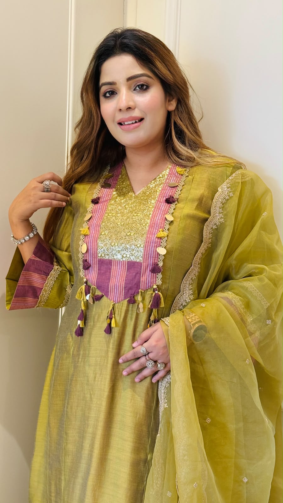 Elaira Cotton Silk A-Line Suit Set- Green