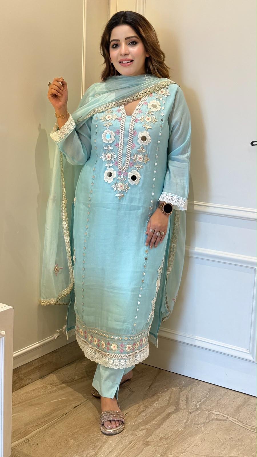 Inika Cotton Silk Suit Set- Lavender, Blue