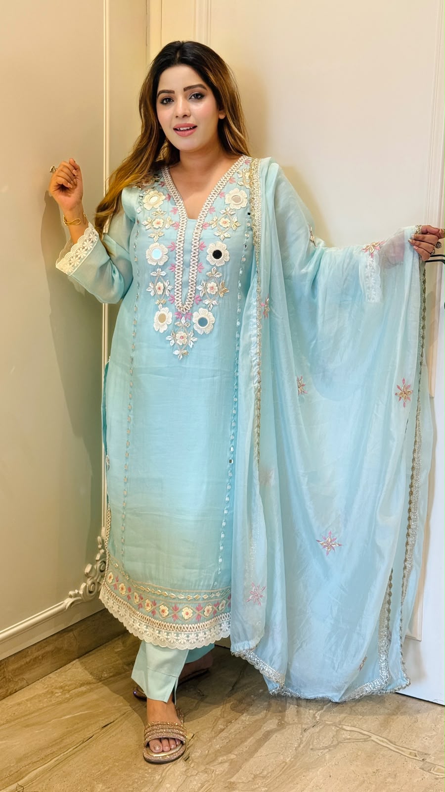 Inika Cotton Silk Suit Set- Lavender, Blue