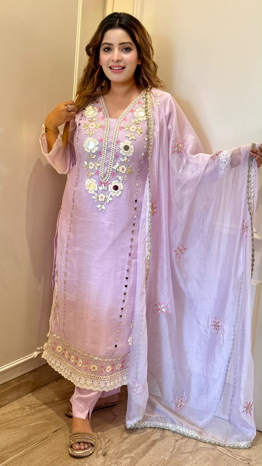 Inika Cotton Silk Suit Set- Lavender, Blue