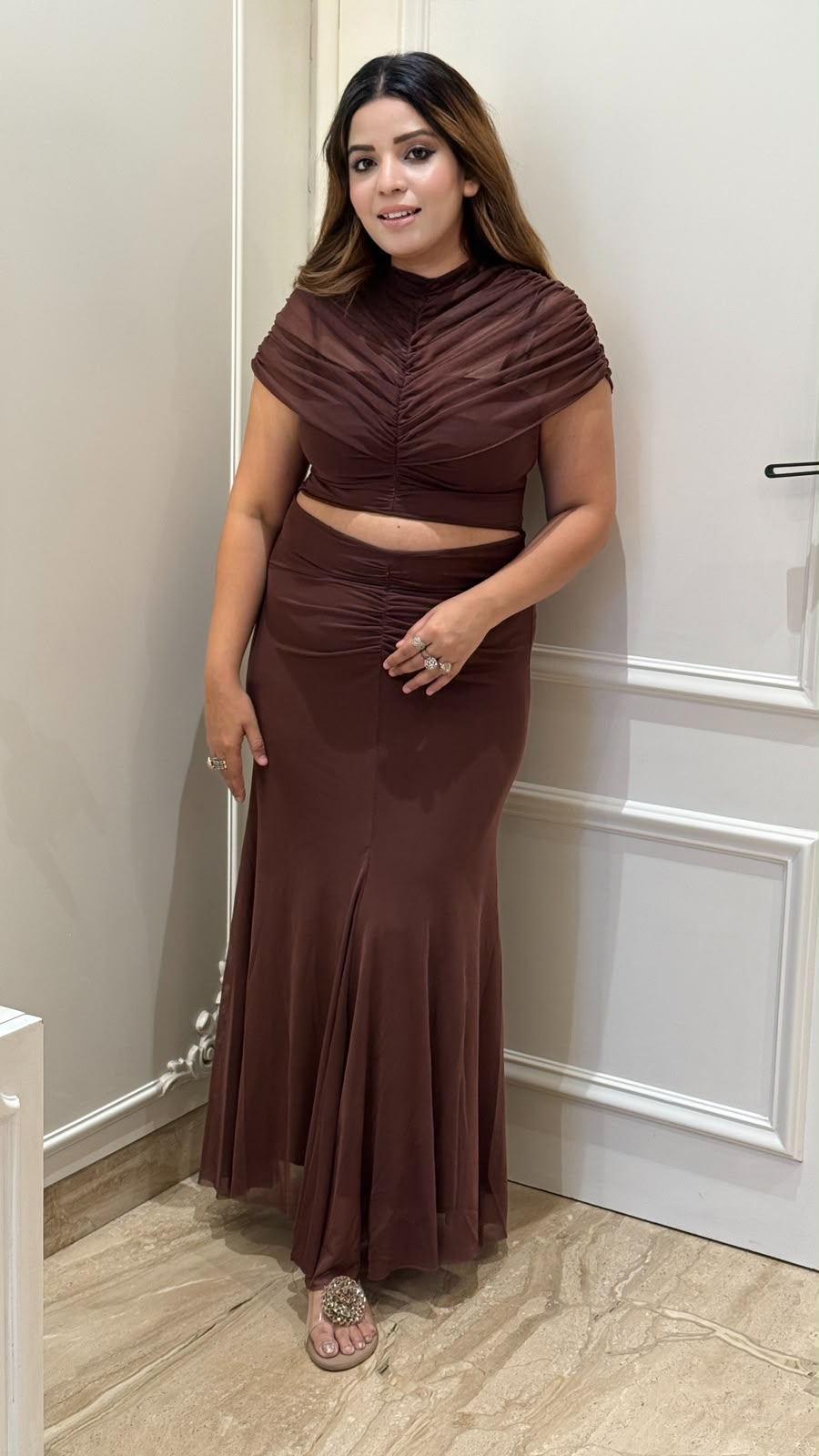 Kaya Off-Shoulder Dress- Brown, Black