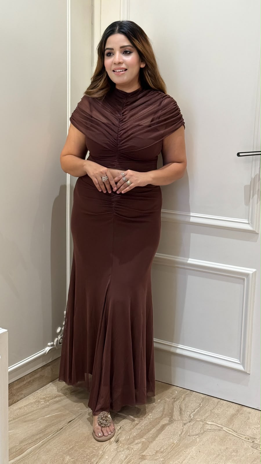 Kaya Off-Shoulder Dress- Brown, Black