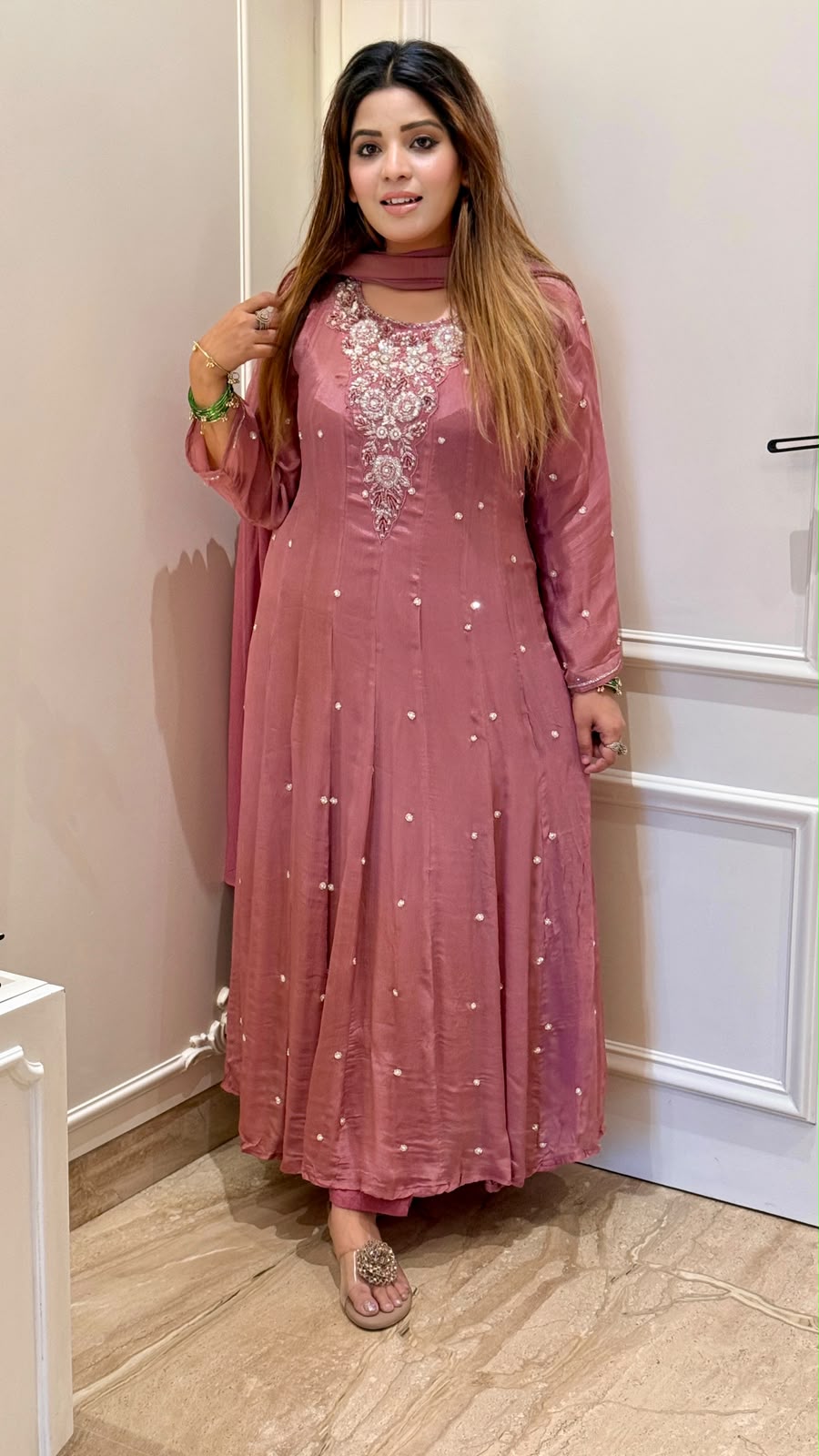 Tanvi Chinnon Anarkali Suit Set- Pink