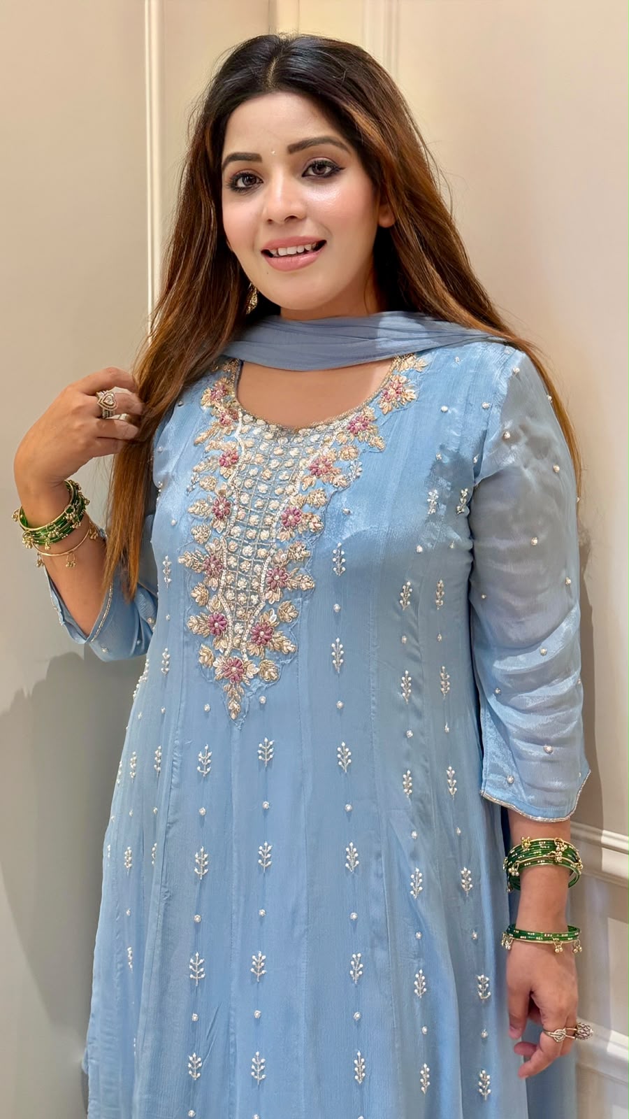 Divisha Chinnon Anarkali Suit Set- Blue