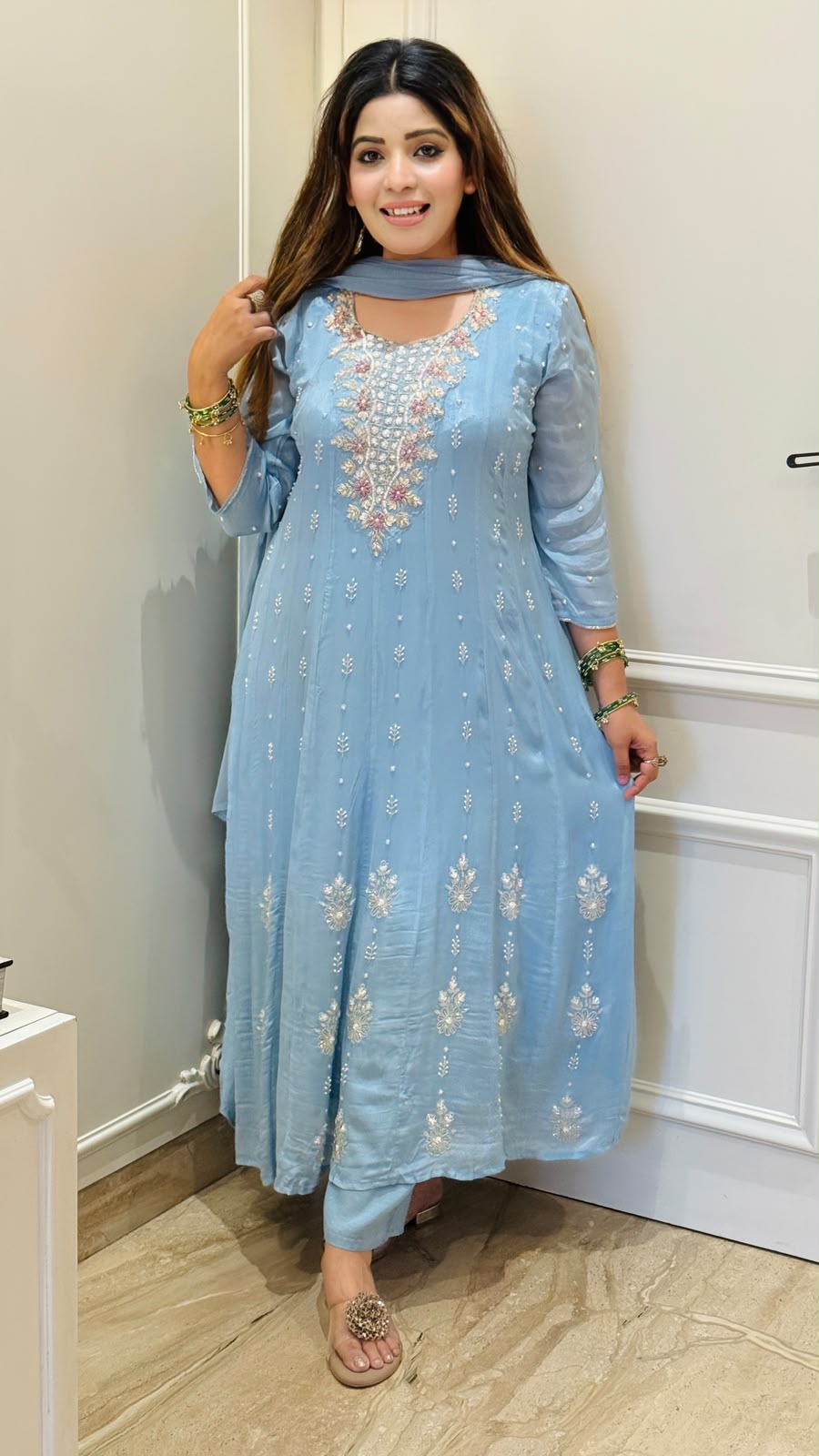 Divisha Chinnon Anarkali Suit Set- Blue
