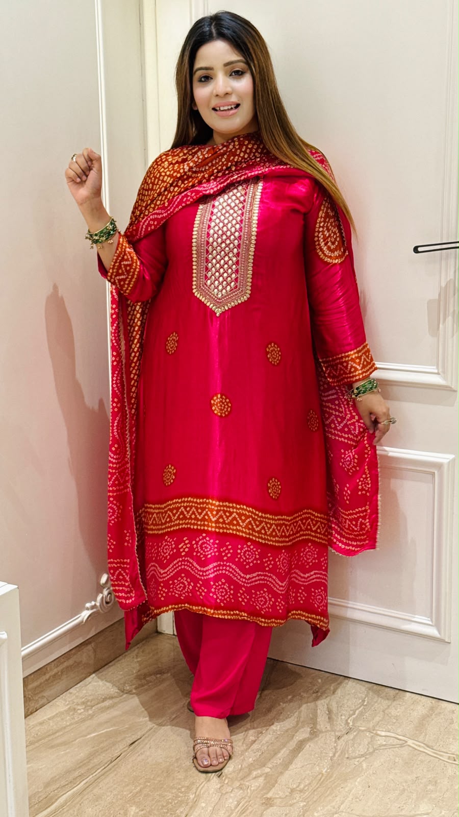 Aashiqa A-Line Suit Set- Red, Pink