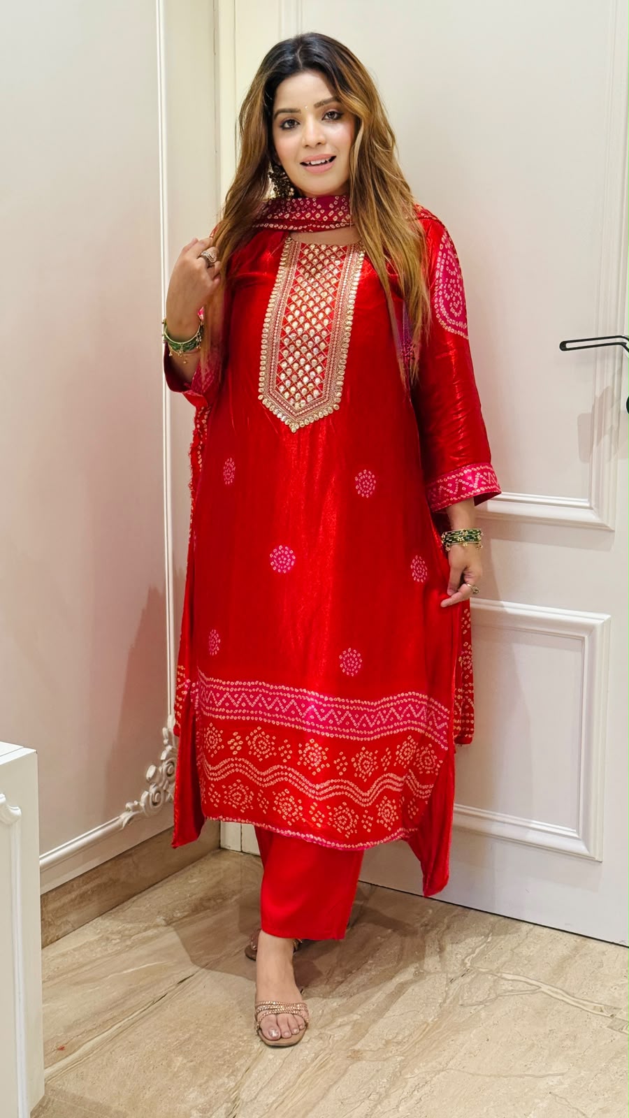 Aashiqa A-Line Suit Set- Red, Pink
