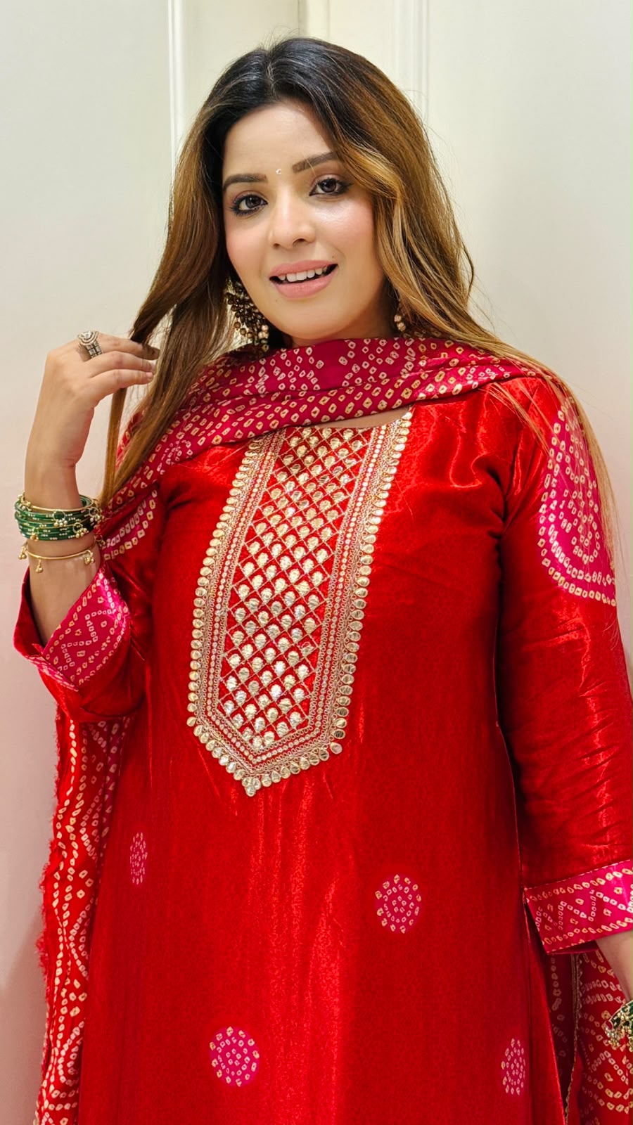 Aashiqa A-Line Suit Set- Red, Pink